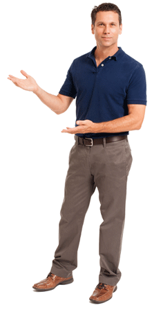 A man in a blue t-shirt showing his hands toward the content
