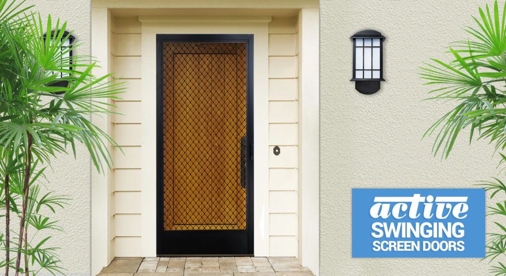 ad for active swinging screen doors, featuring a stylish door surrounded by palm leaves