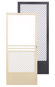 two security doors, one beige with a solid frame and another dark with a mesh design
