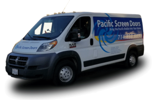 white van with a "Pacific Screen Doors" label on its side panel